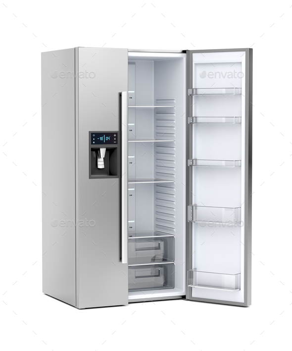 Silver big refrigerator with opened door Stock Photo by magraphics
